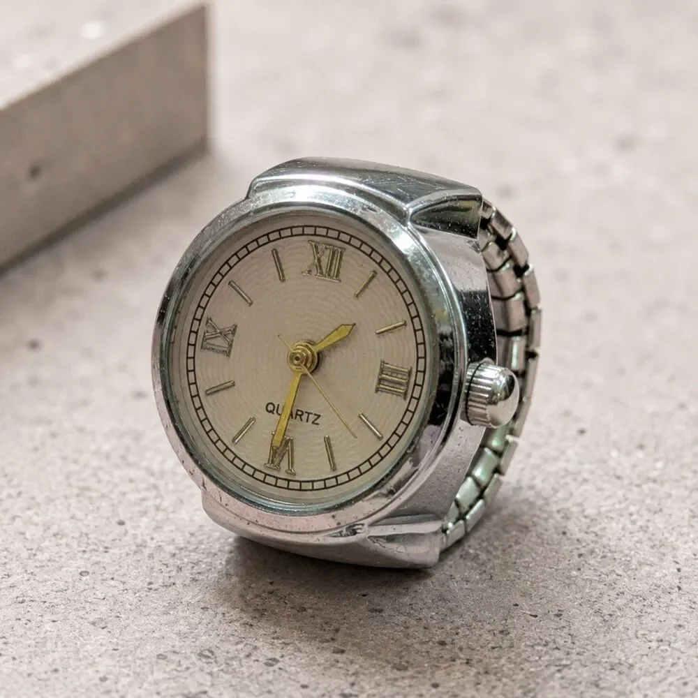 Silver Tone Quartz Ring Watch, Stretch Band, Retro Statement Jewelry